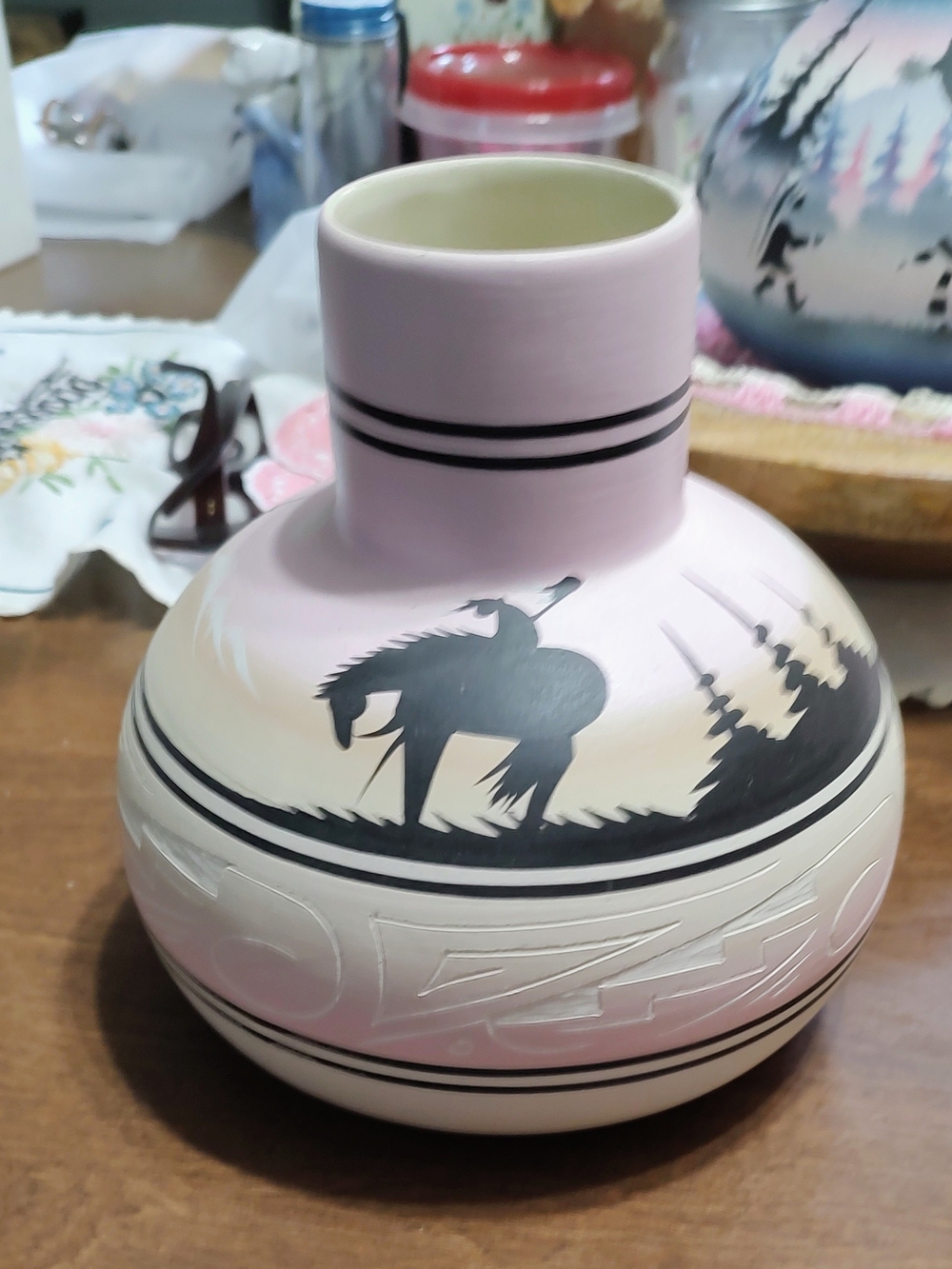 Hand-Painted Pink Southwestern Ceramic Vase with Native Motif